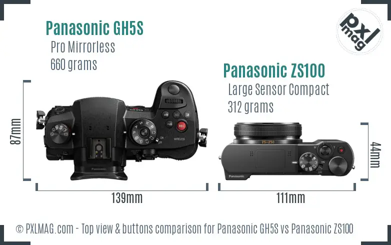 Panasonic GH5S vs Panasonic ZS100 top view buttons comparison