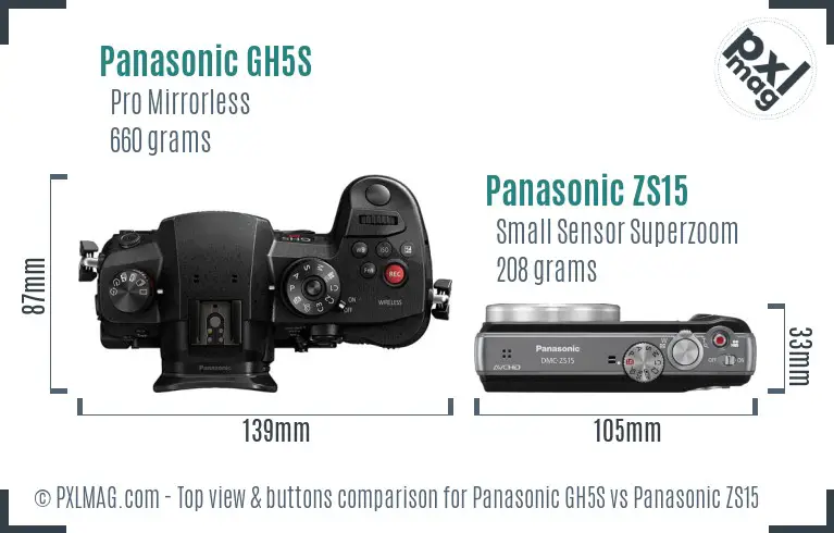 Panasonic GH5S vs Panasonic ZS15 top view buttons comparison