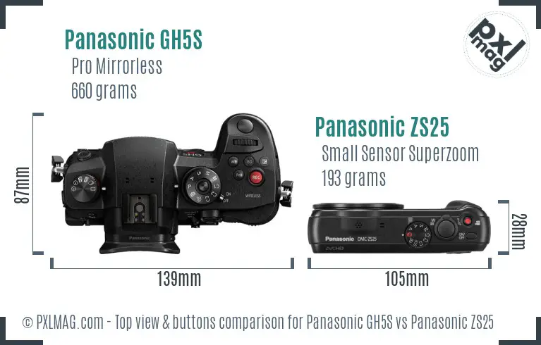 Panasonic GH5S vs Panasonic ZS25 top view buttons comparison