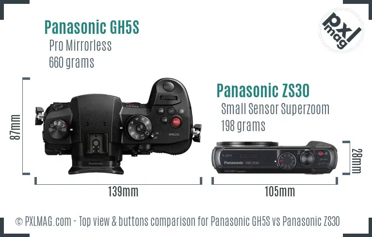 Panasonic GH5S vs Panasonic ZS30 top view buttons comparison