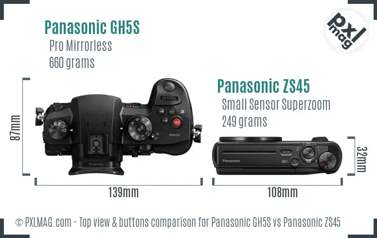 Panasonic GH5S vs Panasonic ZS45 top view buttons comparison