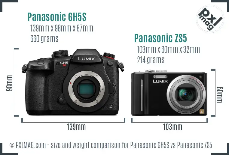 Panasonic GH5S vs Panasonic ZS5 size comparison
