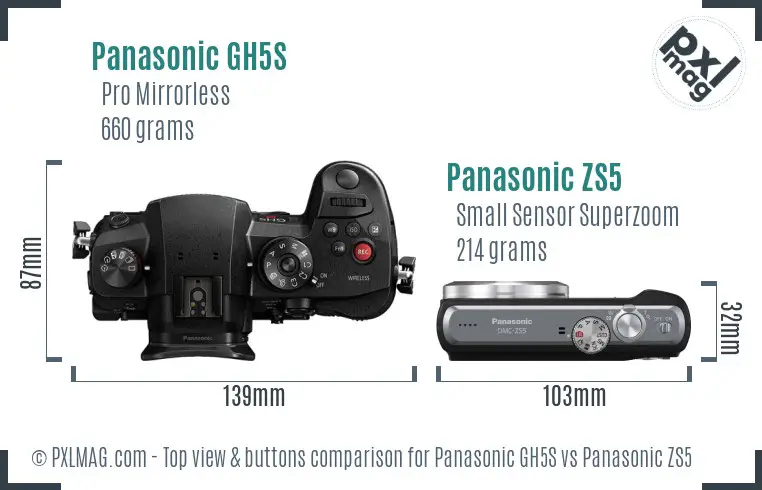 Panasonic GH5S vs Panasonic ZS5 top view buttons comparison