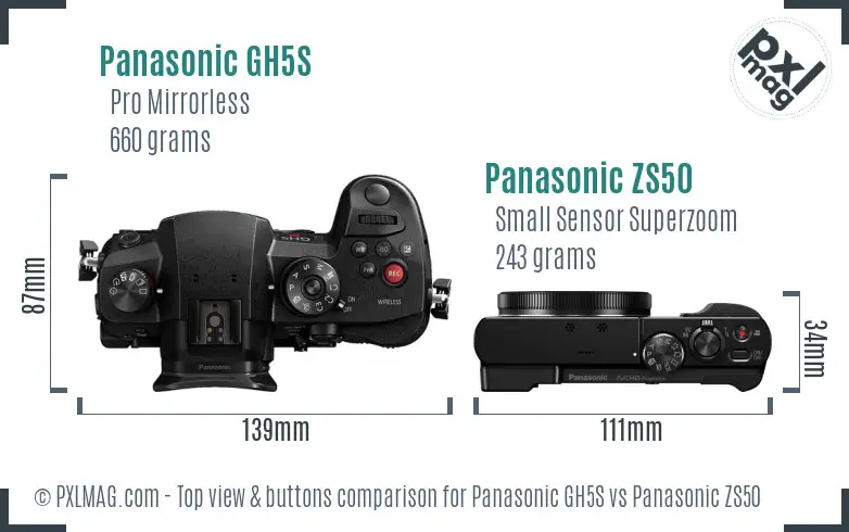 Panasonic GH5S vs Panasonic ZS50 top view buttons comparison