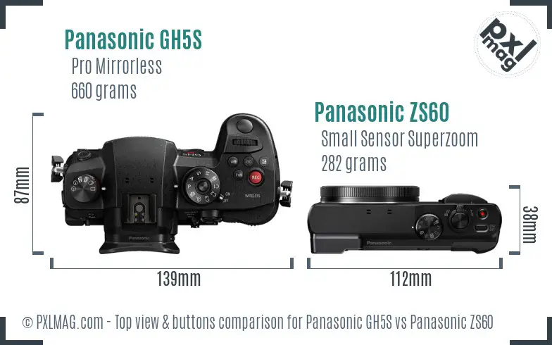 Panasonic GH5S vs Panasonic ZS60 top view buttons comparison