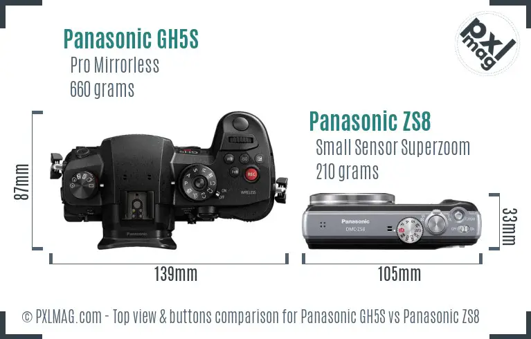 Panasonic GH5S vs Panasonic ZS8 top view buttons comparison