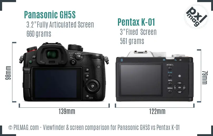 Panasonic GH5S vs Pentax K-01 Screen and Viewfinder comparison