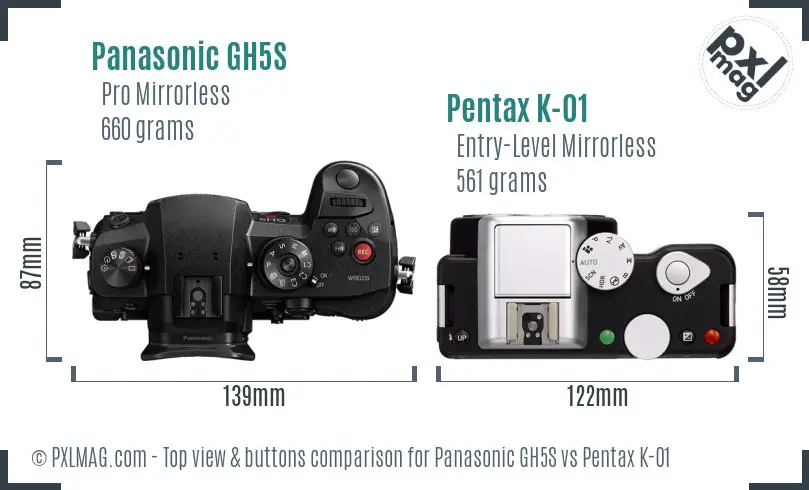 Panasonic GH5S vs Pentax K-01 top view buttons comparison