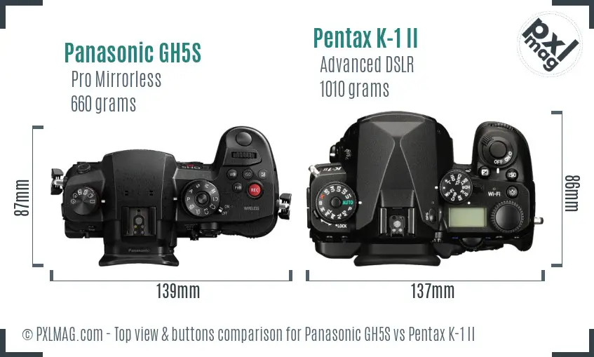 Panasonic GH5S vs Pentax K-1 II top view buttons comparison