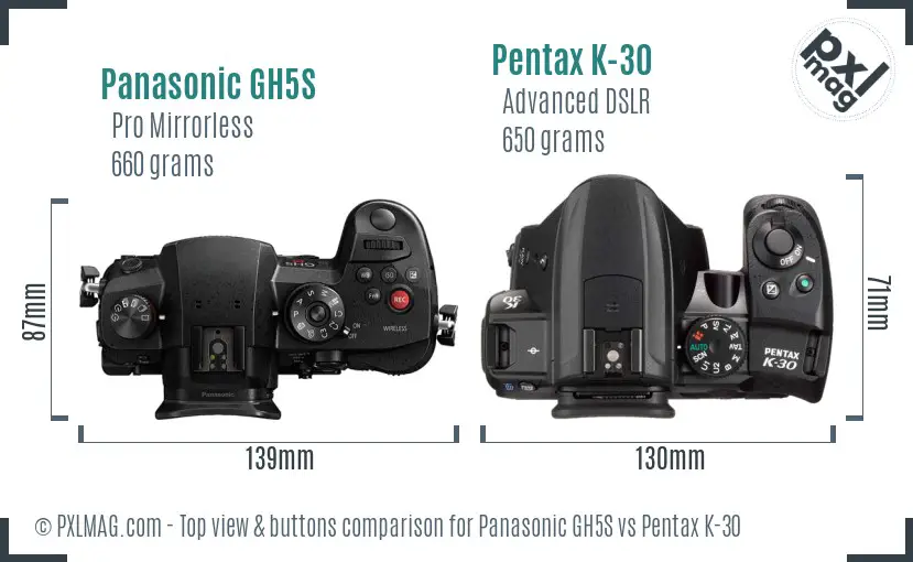 Panasonic GH5S vs Pentax K-30 top view buttons comparison