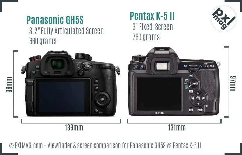 Panasonic GH5S vs Pentax K-5 II Screen and Viewfinder comparison