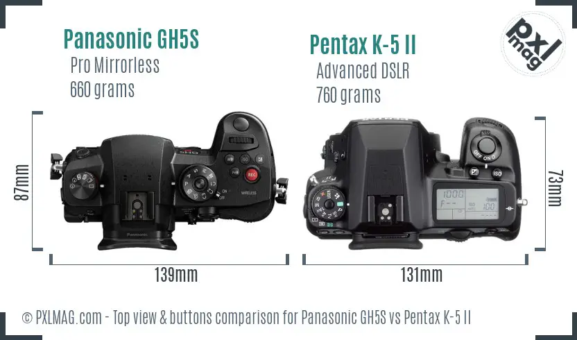 Panasonic GH5S vs Pentax K-5 II top view buttons comparison