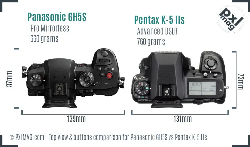 Panasonic GH5S vs Pentax K-5 IIs top view buttons comparison