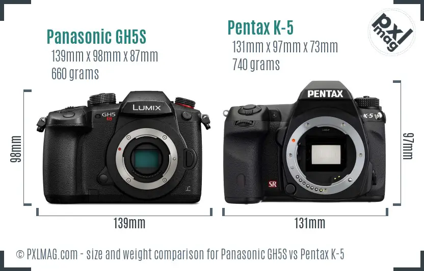 Panasonic GH5S vs Pentax K-5 size comparison