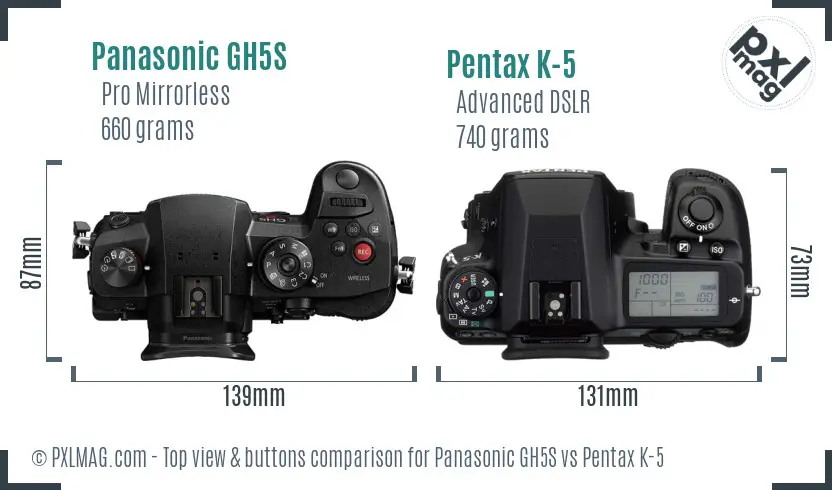 Panasonic GH5S vs Pentax K-5 top view buttons comparison