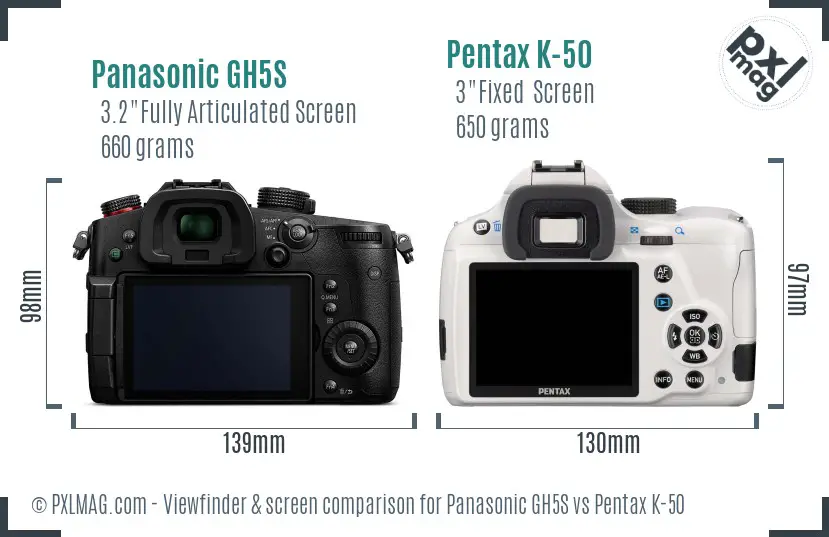 Panasonic GH5S vs Pentax K-50 Screen and Viewfinder comparison