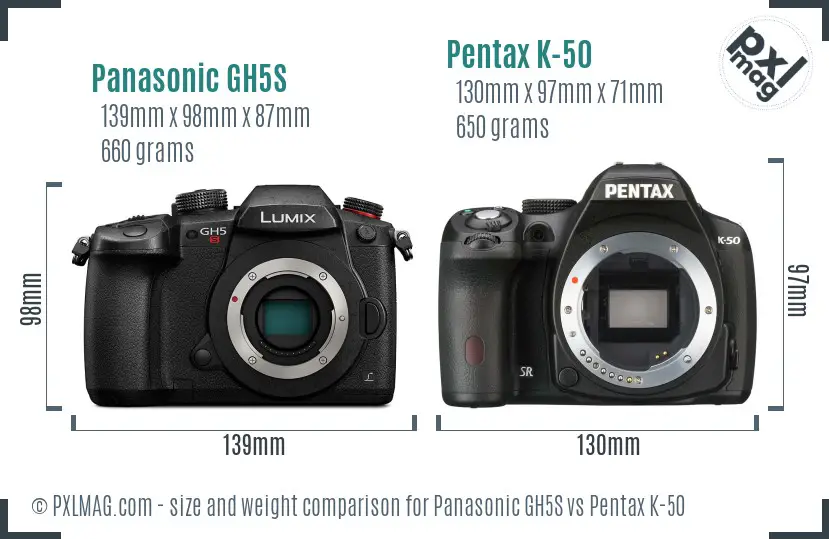 Panasonic GH5S vs Pentax K-50 size comparison