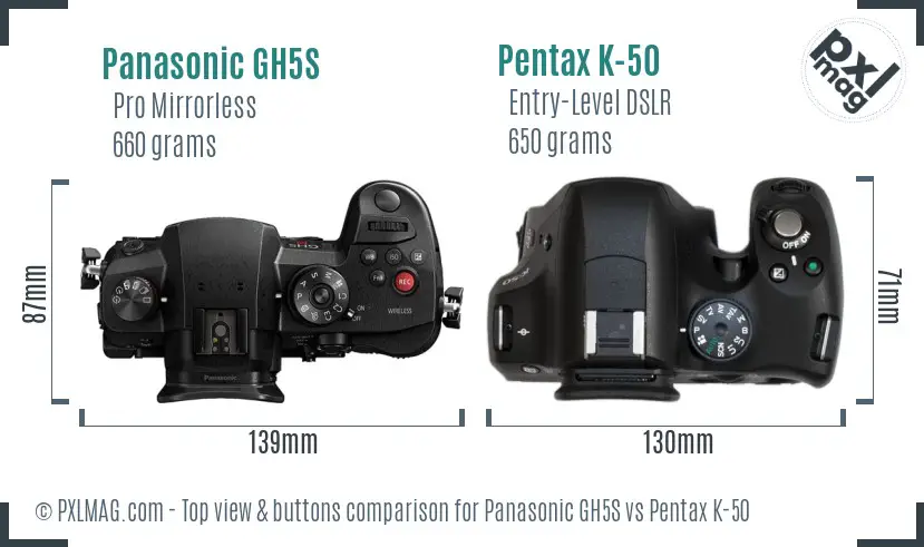 Panasonic GH5S vs Pentax K-50 top view buttons comparison