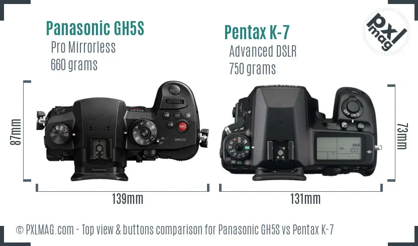 Panasonic GH5S vs Pentax K-7 top view buttons comparison