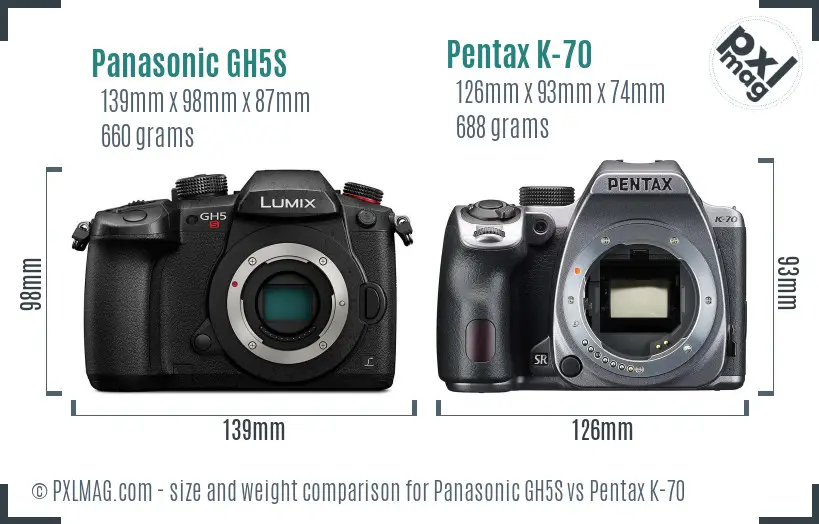 Panasonic GH5S vs Pentax K-70 size comparison