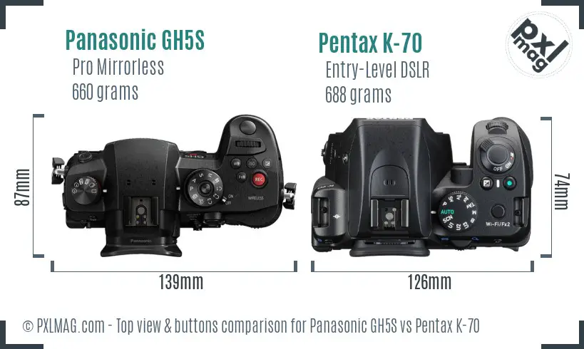 Panasonic GH5S vs Pentax K-70 top view buttons comparison