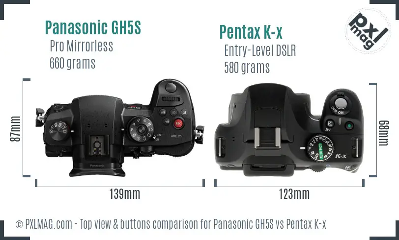 Panasonic GH5S vs Pentax K-x top view buttons comparison