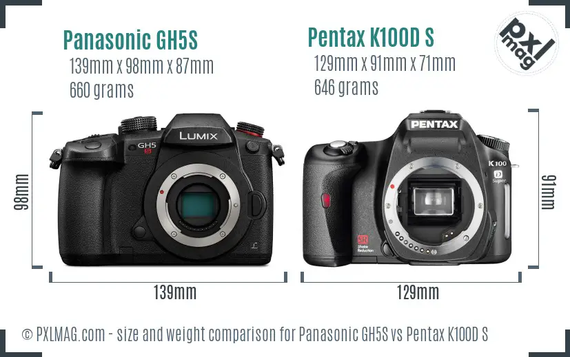 Panasonic GH5S vs Pentax K100D S size comparison