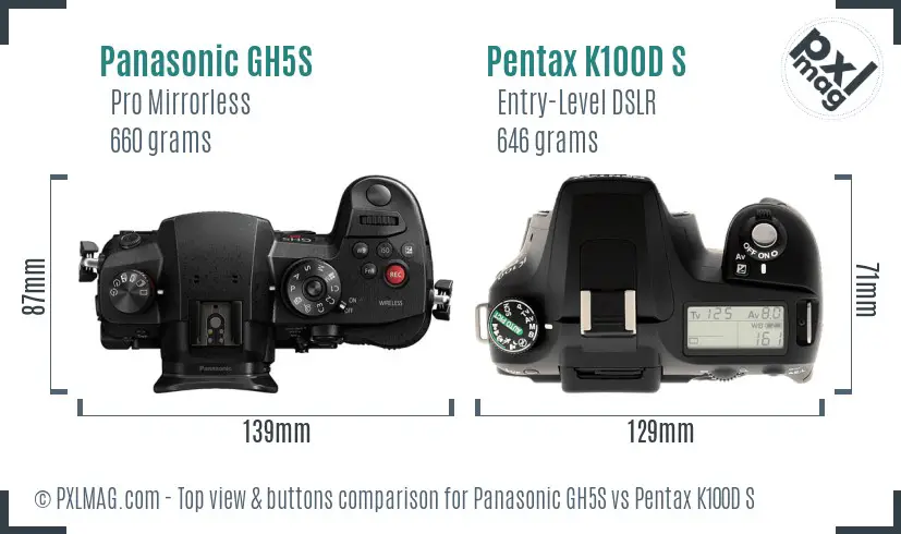 Panasonic GH5S vs Pentax K100D S top view buttons comparison