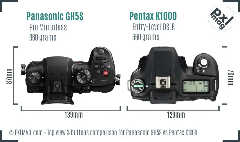 Panasonic GH5S vs Pentax K100D top view buttons comparison