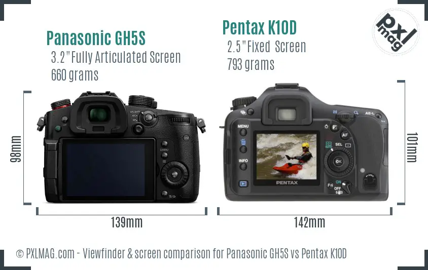 Panasonic GH5S vs Pentax K10D Screen and Viewfinder comparison