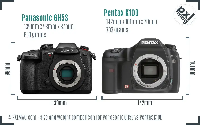 Panasonic GH5S vs Pentax K10D size comparison