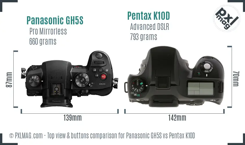 Panasonic GH5S vs Pentax K10D top view buttons comparison