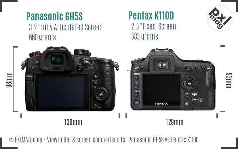 Panasonic GH5S vs Pentax K110D Screen and Viewfinder comparison