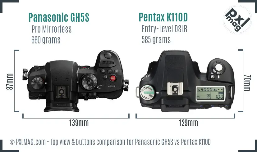 Panasonic GH5S vs Pentax K110D top view buttons comparison