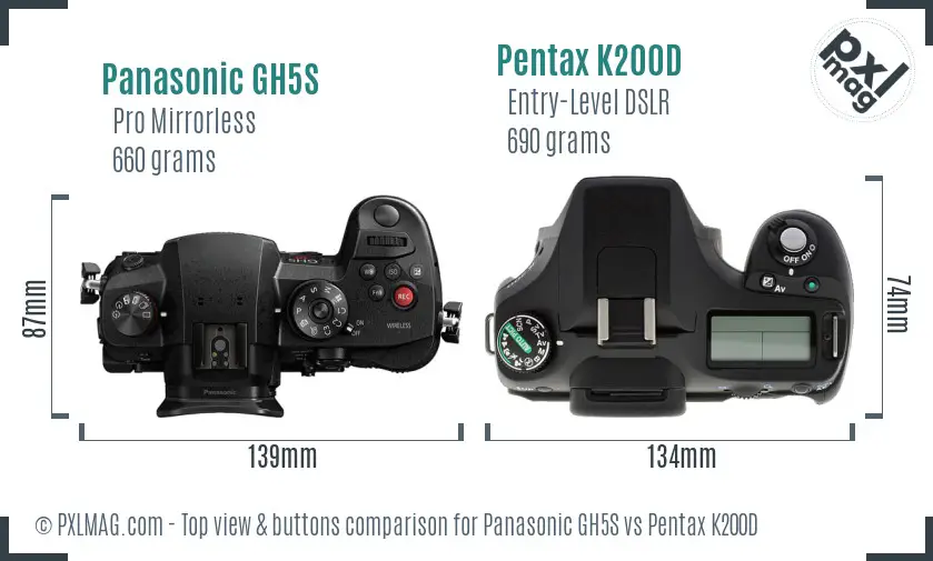 Panasonic GH5S vs Pentax K200D top view buttons comparison