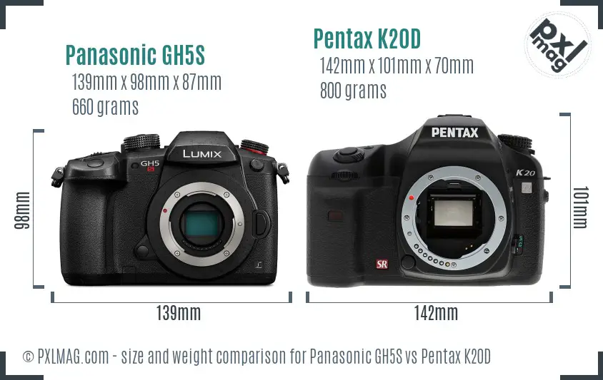 Panasonic GH5S vs Pentax K20D size comparison