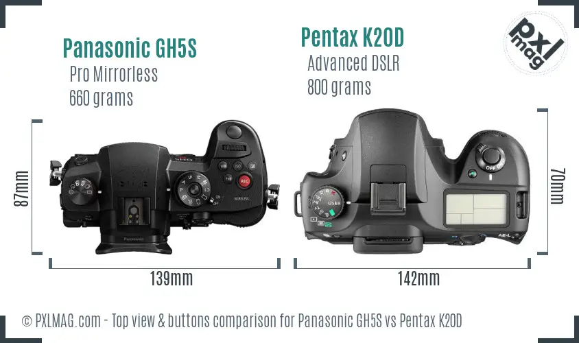 Panasonic GH5S vs Pentax K20D top view buttons comparison