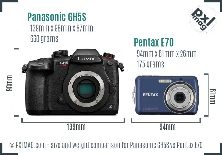 Panasonic GH5S vs Pentax E70 size comparison