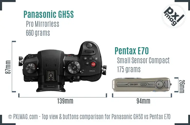 Panasonic GH5S vs Pentax E70 top view buttons comparison