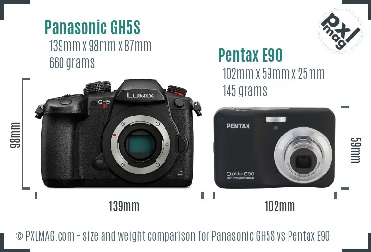 Panasonic GH5S vs Pentax E90 size comparison