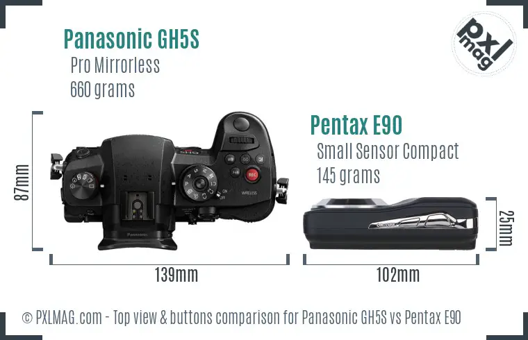 Panasonic GH5S vs Pentax E90 top view buttons comparison