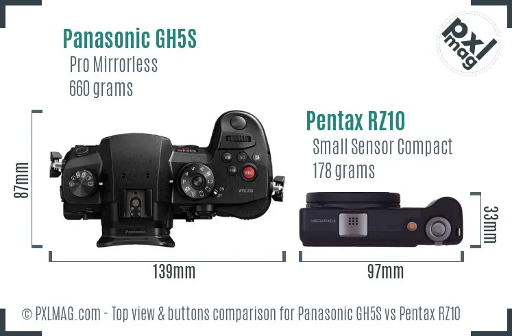 Panasonic GH5S vs Pentax RZ10 top view buttons comparison
