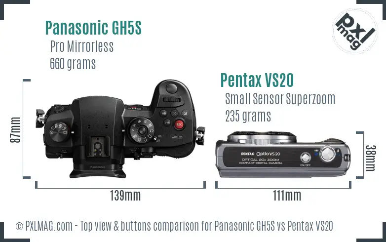 Panasonic GH5S vs Pentax VS20 top view buttons comparison