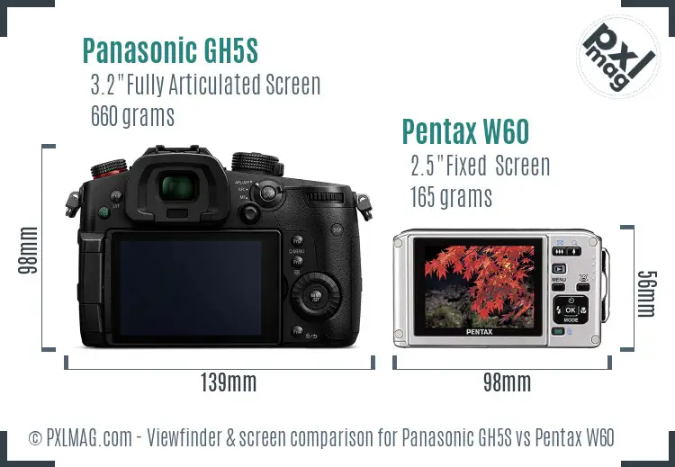 Panasonic GH5S vs Pentax W60 Screen and Viewfinder comparison