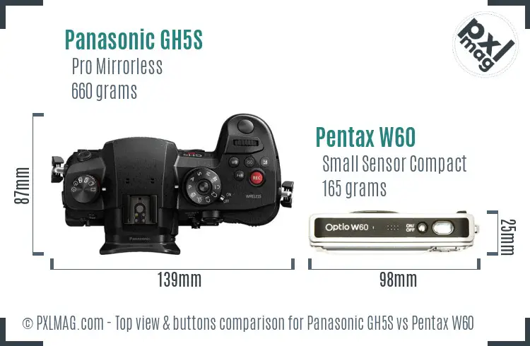 Panasonic GH5S vs Pentax W60 top view buttons comparison