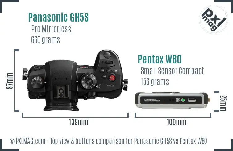 Panasonic GH5S vs Pentax W80 top view buttons comparison