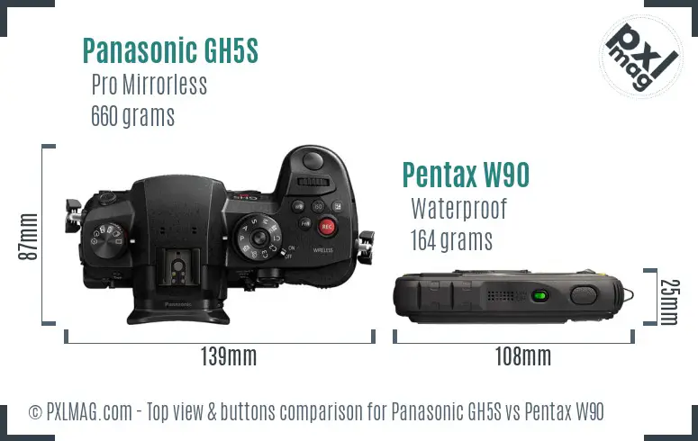 Panasonic GH5S vs Pentax W90 top view buttons comparison