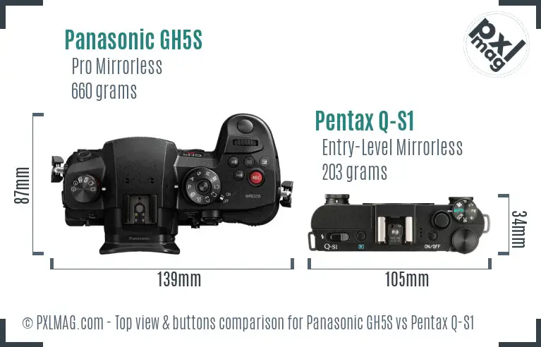Panasonic GH5S vs Pentax Q-S1 top view buttons comparison