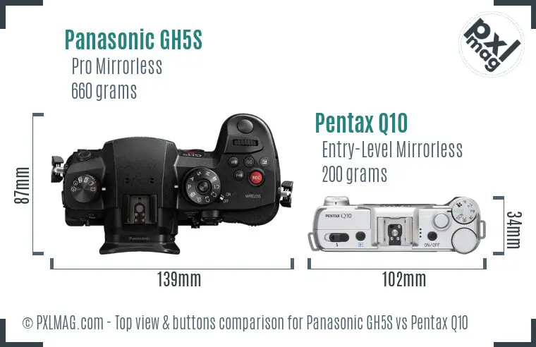 Panasonic GH5S vs Pentax Q10 top view buttons comparison