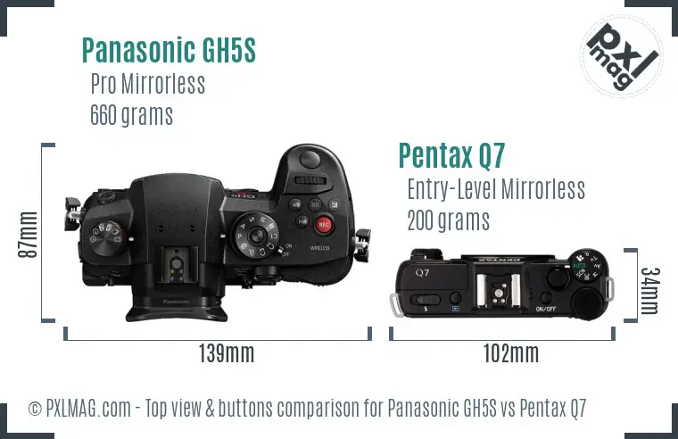 Panasonic GH5S vs Pentax Q7 top view buttons comparison